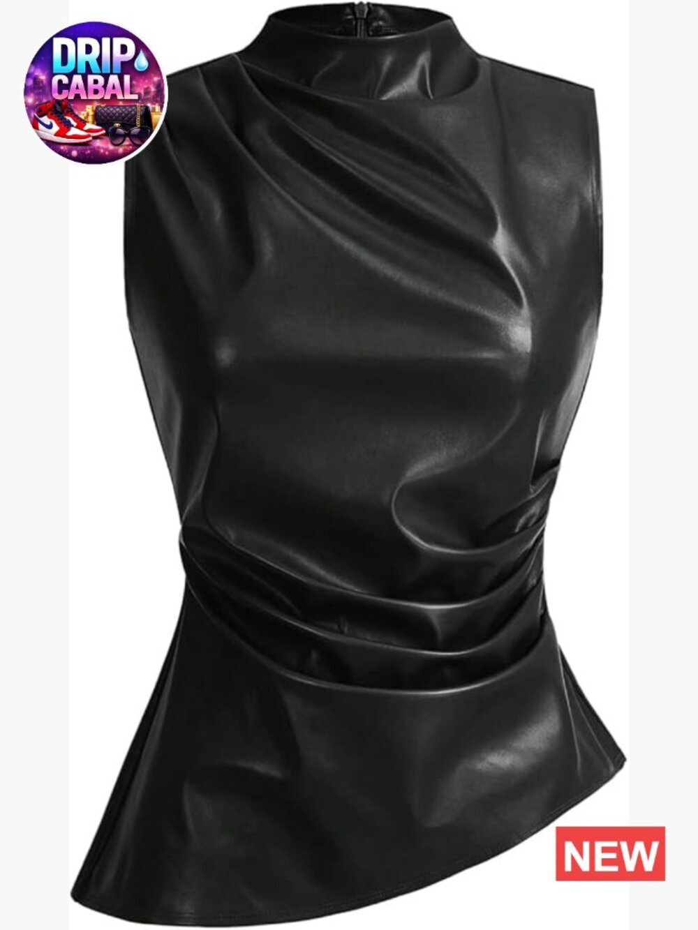 Mock Neck PU Leather Pleated Asymmetrical Sleeveless Fitted Dressy Tank Top